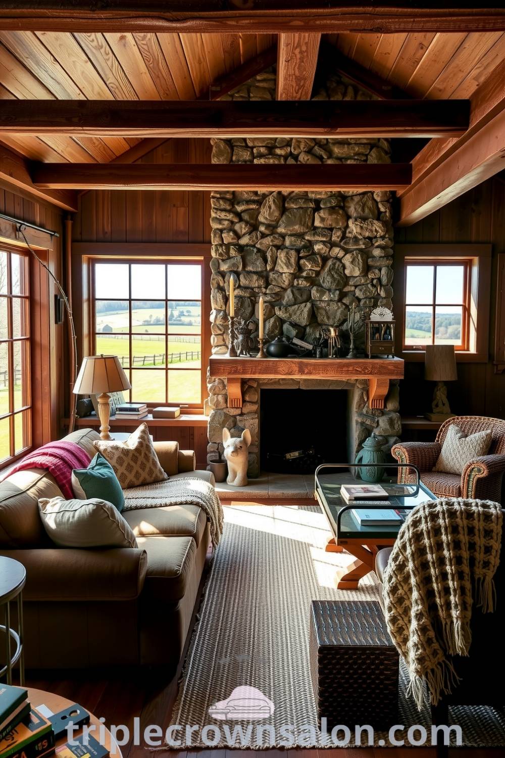 Cozy living room featuring rustic wooden beams, a plush sofa with hand-knit blankets, a weathered stone fireplace, and large windows showcasing picturesque views, offering design ideas for a cozy home vibe at triplecrownsalon.com.