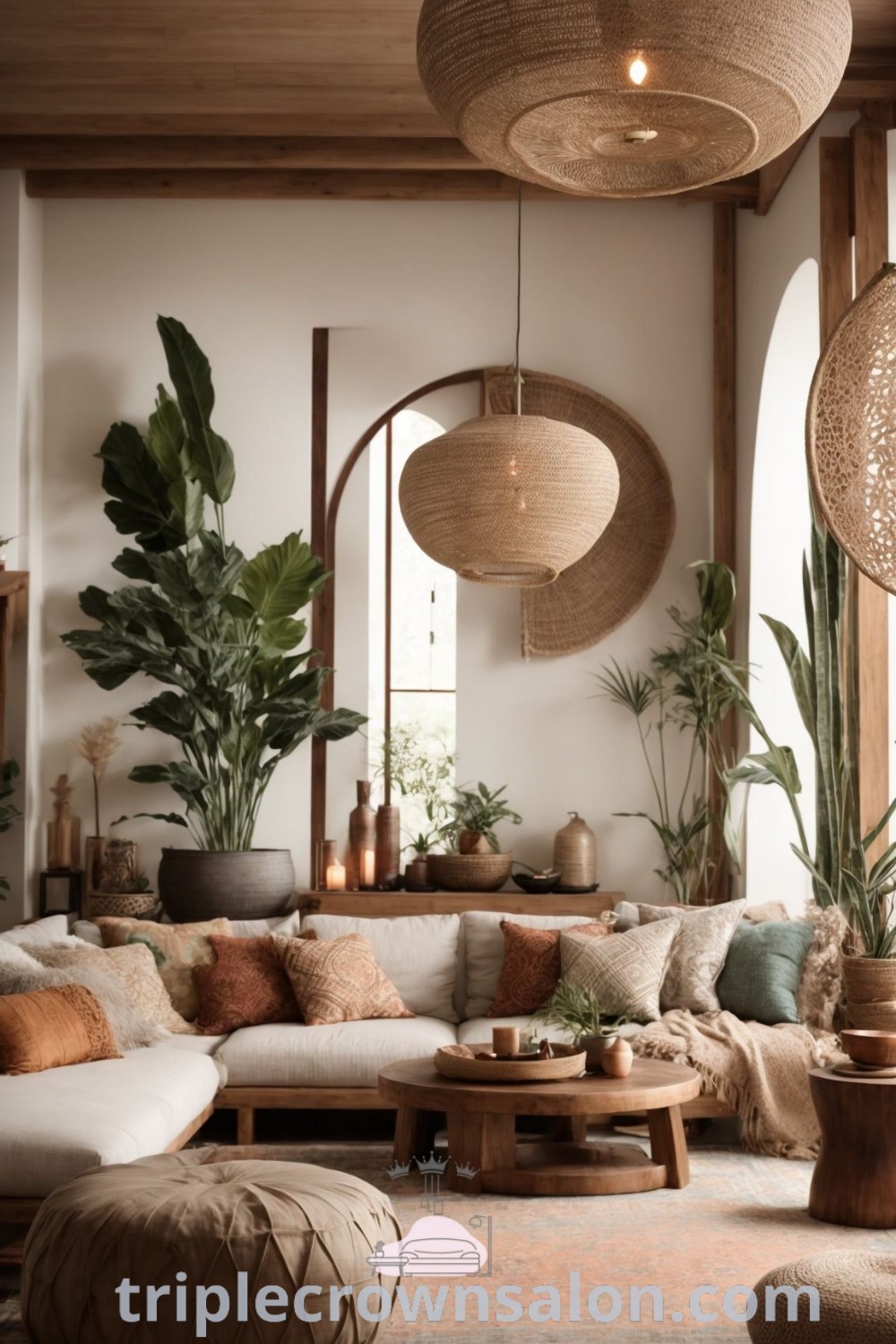 A modern living room filled with stylish furniture and lush plants, showcasing contemporary decor and color harmony. This cozy aesthetic space offers design ideas for home inspiration and practical tips for creating a vibrant environment. For more decor ideas, visit triplecrownsalon.com.