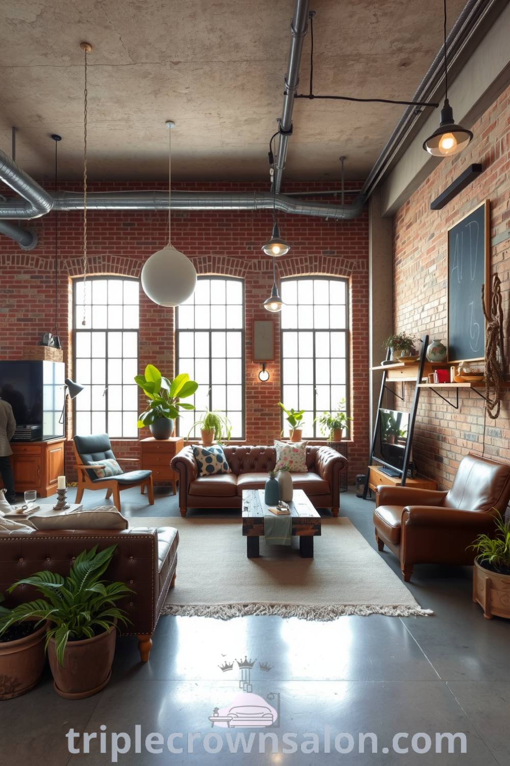 Industrial living room featuring exposed brick walls, polished concrete floors, mismatched furniture like a leather sofa and wooden coffee table, potted plants, large windows, creating cozy and stylish decor ideas for urban living. Visit triplecrownsalon.com for inspiring ideas.