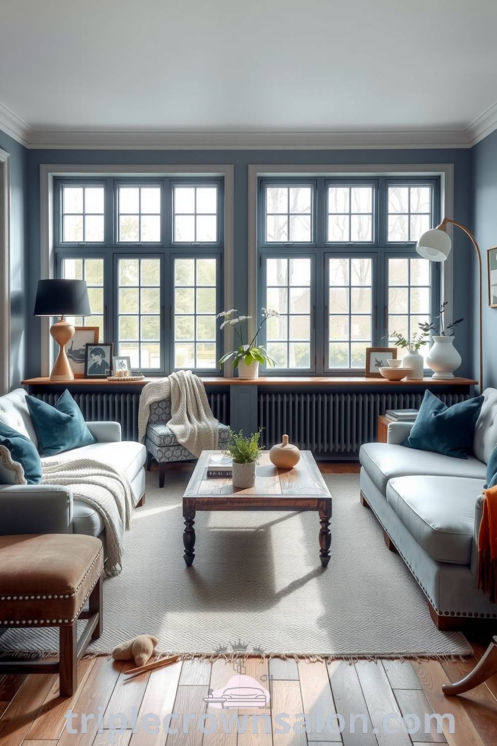 Scandinavian living room featuring soft blue tones, large windows, natural wood floors, an oversized sofa with cozy throws, a reclaimed wood coffee table, and vibrant plants, creating a warm and inviting atmosphere, showcasing decor ideas for small spaces at triplecrownsalon.com.