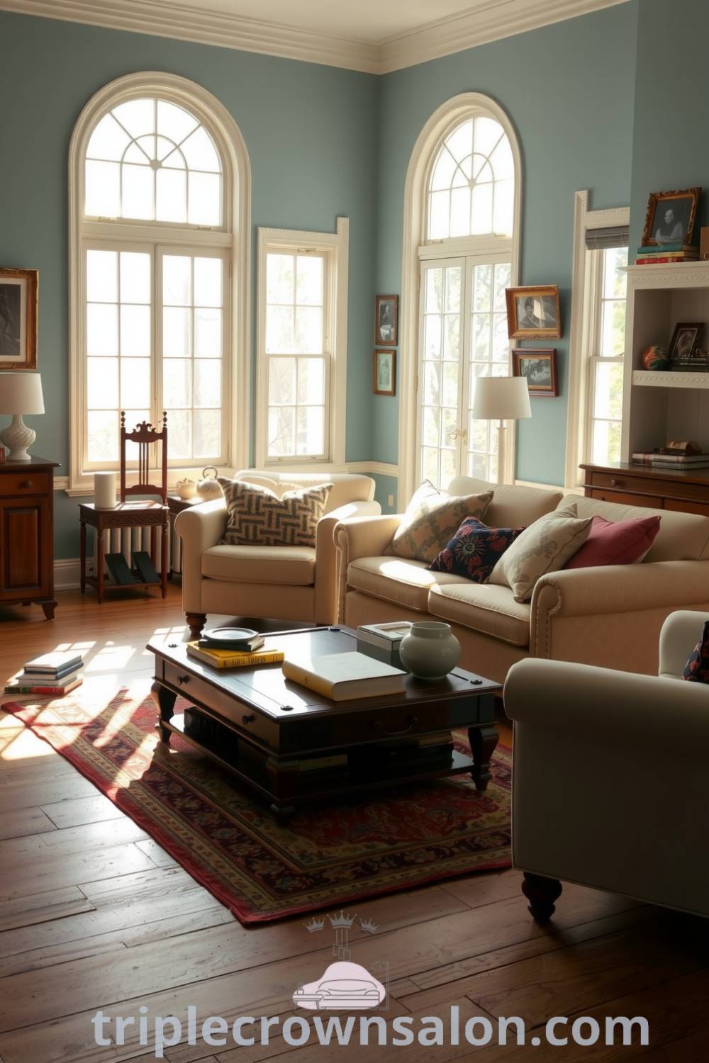 Cozy living room featuring soft blue walls, a cream-colored sofa with patterned pillows, an ornate area rug, and a low coffee table with books and coasters, creating an inviting atmosphere perfect for relaxation, with decor ideas from fireplacesandwoodstoves.com.