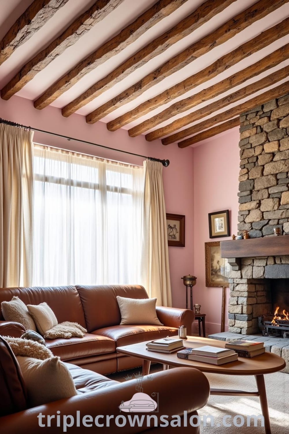 Cozy rustic living room with soft pink tones, exposed wooden beams, a stone fireplace, and a worn leather sofa, offering unique decor ideas and inspiring designs for your home, as featured at fireplacesandwoodstoves.com.