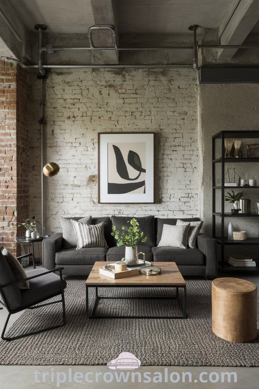 A cozy loft living room featuring furniture against a rustic brick wall, showcasing modern industrial apartment decor and urban chic design elements. The space blends metal and wood decor, offering inspiring ideas for your home. Discover more incredible designs and cozy ideas at triplecrownsalon.com.
