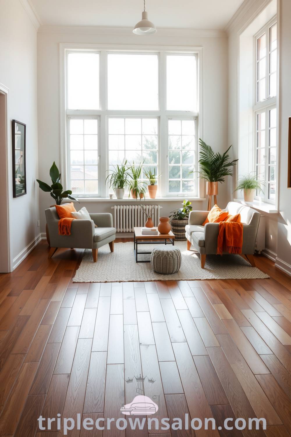 Scandinavian living room featuring large windows, orange accents, smooth wooden floors, mismatched armchairs, textured rug, and plants in ceramic pots, creating a cozy home atmosphere. Visit triplecrownsalon.com for cozy design ideas and inspirations.