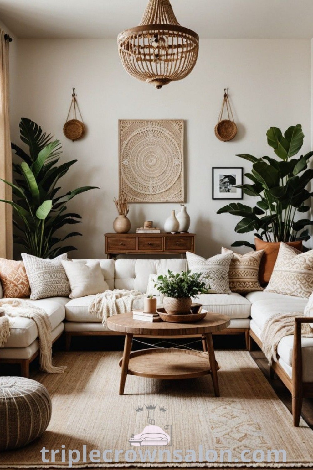 A cozy living room showcasing Scandi Bohemian decor with ample plants and stylish furnishings on a wooden table. This inviting space perfectly blends Scandinavian design and boho inspirations, offering unique ideas for both houses and apartments. Explore more inspiring decor ideas at triplecrownsalon.com.
