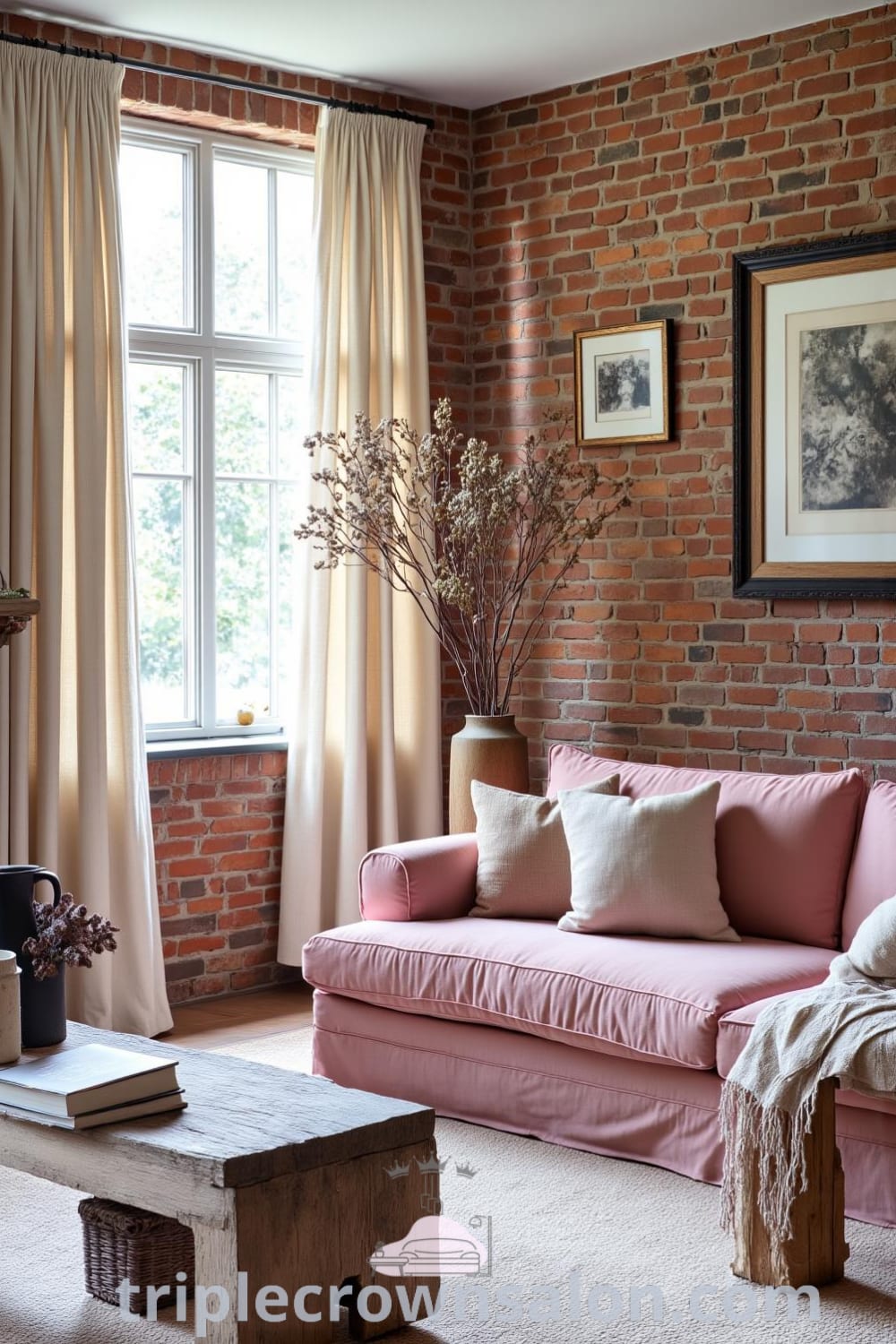 Cozy rustic living room featuring soft pink tones, overstuffed blush sofa, reclaimed timber coffee table, and decorative elements like family photos and dried flowers, creating inviting decor inspirations for your home, showcased at fireplacesandwoodstoves.com.