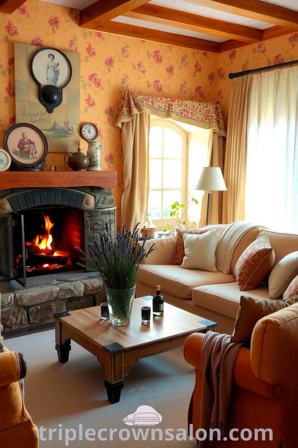 Cozy French living room with warm ochre and beige hues, featuring vintage and rustic furnishings, a large sofa with throws, a stone fireplace, delicate floral wallpaper, fresh lavender, and soft sunlight filtering through sheer curtains, offering cozy ideas and decor inspirations for creating a tranquil home environment at triplecrownsalon.com.