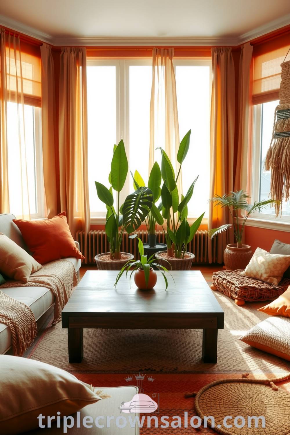 Boho living room featuring warm orange accents, a low wooden coffee table, plush cushions in earthy tones, tall potted plants, and a woven wall hanging, capturing cozy ideas and design inspirations for a cozy home at fireplacesandwoodstoves.com.