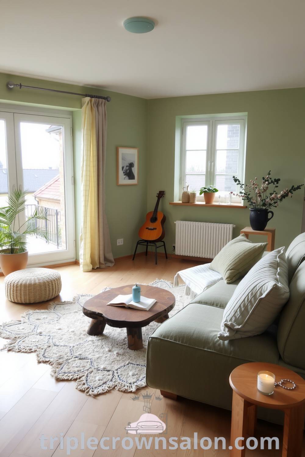 Scandinavian living room with soft green palette, large windows, light wood flooring, cozy area rug, rustic reclaimed timber coffee table, oversized cushions, and a flickering candle, offering cozy ideas and design inspirations for a warm, inviting home at triplecrownsalon.com.