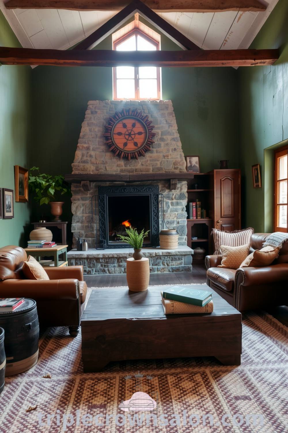 A warm rustic living room featuring a stone fireplace, worn leather armchairs, and a handcrafted wooden coffee table, with green tones and thick woven rugs creating a cozy atmosphere. Discover cozy ideas for your home at fireplacesandwoodstoves.com.