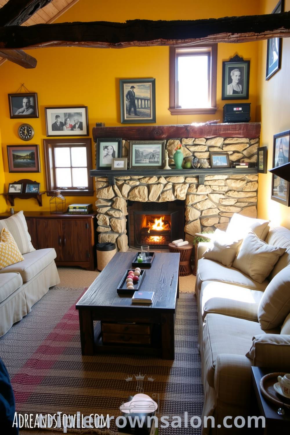 Cozy rustic living room featuring warm yellow walls, charming artwork, a weathered wooden coffee table, mismatched sofas, and a stone fireplace, creating an inviting atmosphere perfect for relaxation and gatherings. Visit triplecrownsalon.com for more cozy home decor ideas and inspirations.