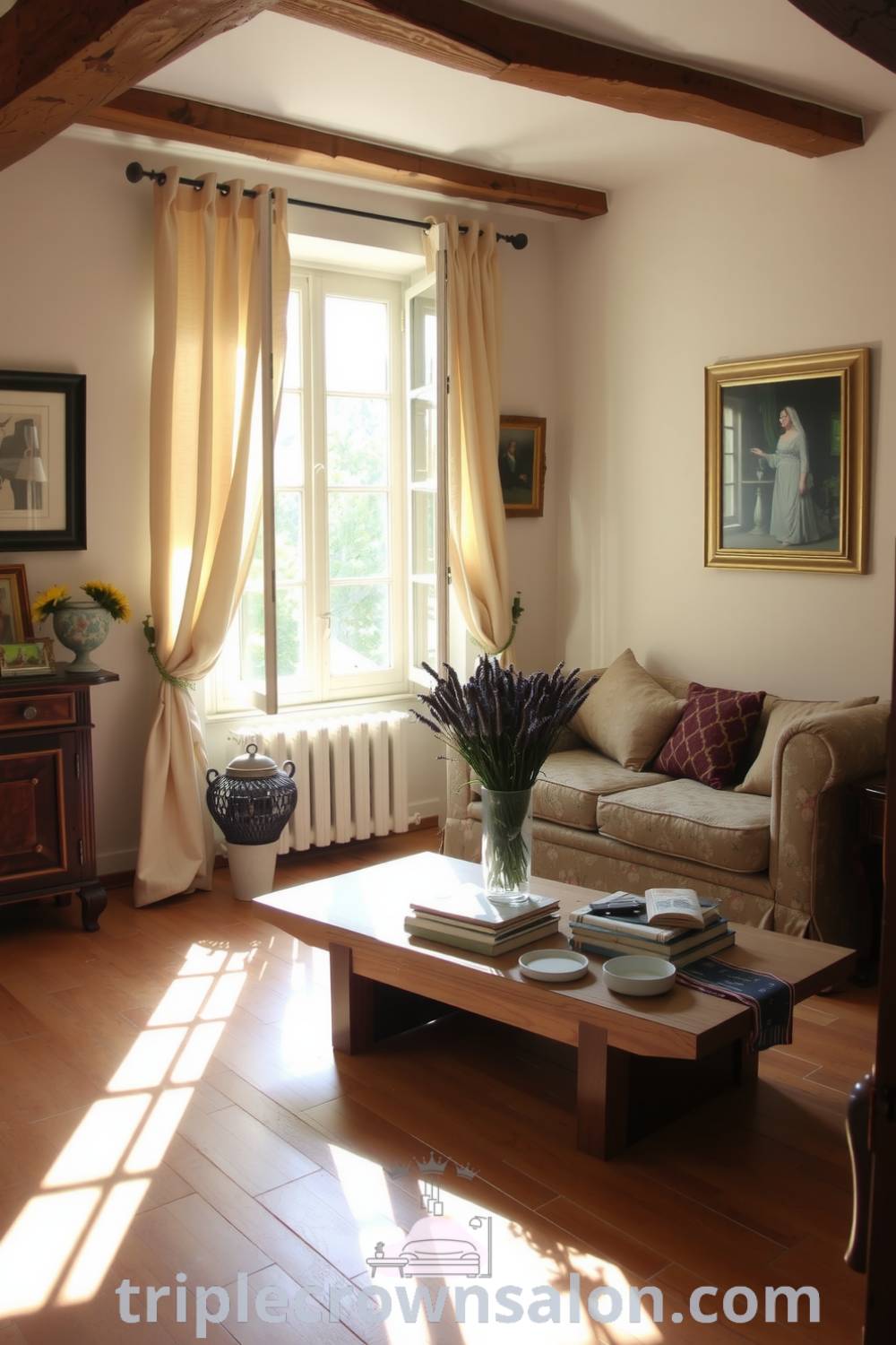 Cozy French living room with sunlight streaming through drapes, rustic wooden furniture, vintage artwork, a floral sofa, and a vase of fresh lavender, showcasing cozy ideas and decor inspirations for your home on triplecrownsalon.com.