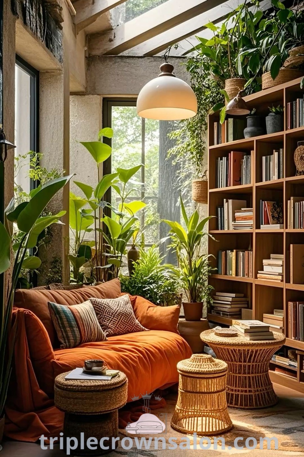 A living room brimming with plants and minimalist furniture, showcasing a vibrant rug and cozy nook for relaxation. This setup offers unique decor ideas and inspirations for your home, blending modern colonial elements with inviting aesthetics. Discover more cozy ideas at triplecrownsalon.com.