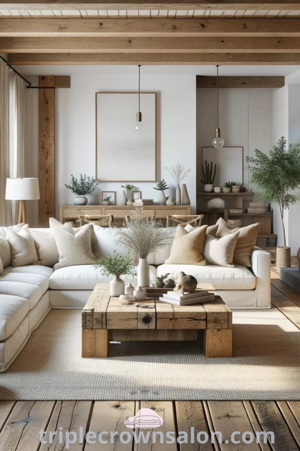 A cozy rustic living room filled with furniture, next to a fireplace, showcasing white rustic and country modern styles along with decor ideas for a warm home. Ideal for those seeking inspirations for a cozy aesthetic, designs, and unique ideas from triplecrownsalon.com.