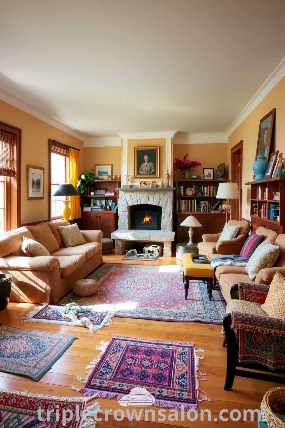 Cozy farmhouse living room featuring beige walls, a plush sofa with patterned cushions, handwoven rugs on polished wooden floors, a crackling fireplace, and shelves filled with family photographs and knick-knacks, offering cozy ideas and inspiring decor for your home at triplecrownsalon.com.