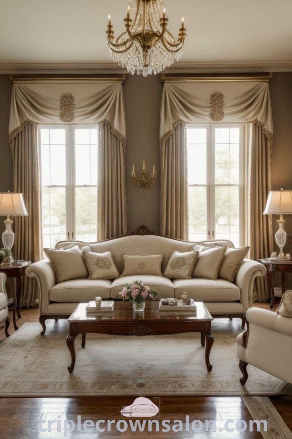 A Victorian living room featuring two cozy couches, stylish chairs, and a coffee table by large windows, showcasing classic decor elements and inviting aesthetics. Explore unique decor ideas and inspirations for your home at triplecrownsalon.com.