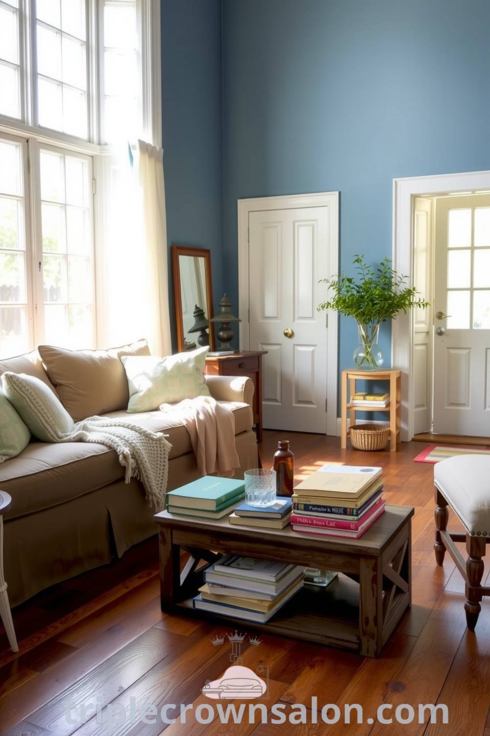 Cozy farmhouse living room featuring blue-painted walls, a plush sofa with hand-knit cushions, a reclaimed wood coffee table filled with books, and large windows casting sunlight, showcasing cozy ideas, decor inspirations, and unique ideas for your home at triplecrownsalon.com.