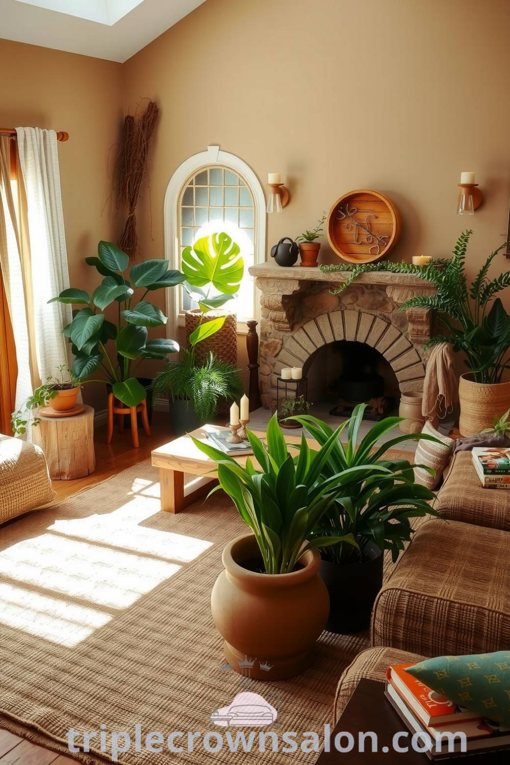 Cozy living room featuring earth-toned walls, reclaimed wood furniture, a jute rug, a stone fireplace, houseplants, and candlelight, showcasing design ideas and decor inspirations for creating a cozy home at triplecrownsalon.com.