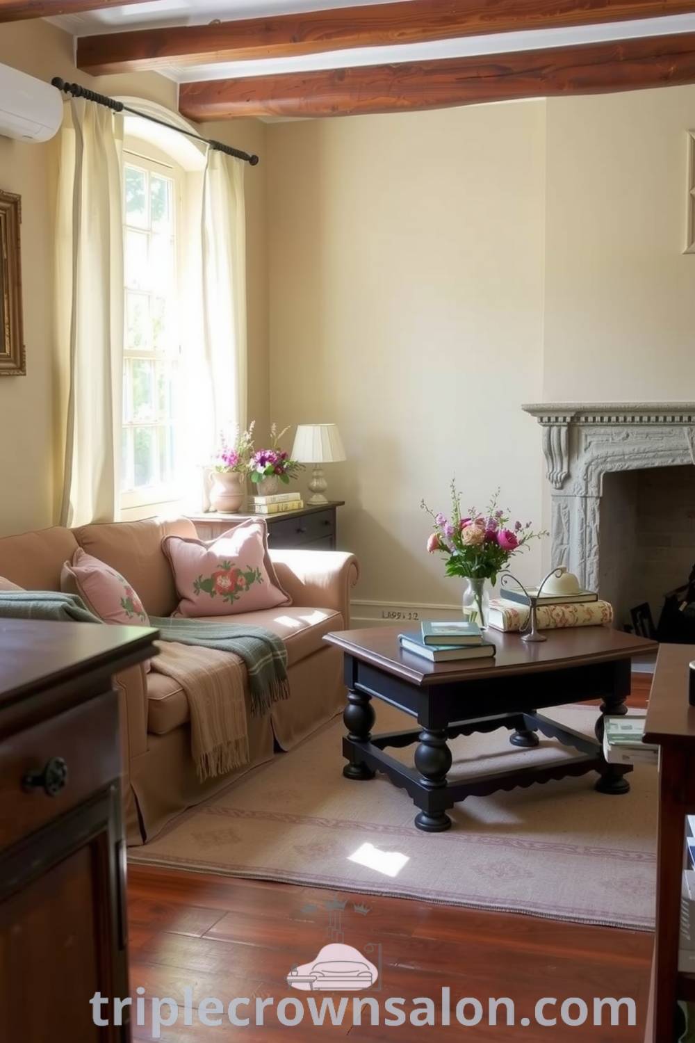 Charming French living room with beige walls, rustic stone fireplace, plush sofa with vintage throw, colorful embroidered cushions, and sunlit ambiance, showcasing cozy decor ideas and inspirations for your home at triplecrownsalon.com.