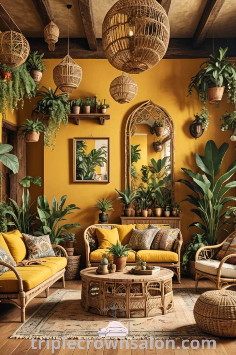 A vibrant mustard yellow living room featuring a cozy sofa, green walls, and jungle-themed decor, blending colors and styles seamlessly. This inspiring space serves as a perfect example of decor ideas for small spaces, offering unique ideas for your home. Find more decor inspirations at triplecrownsalon.com.