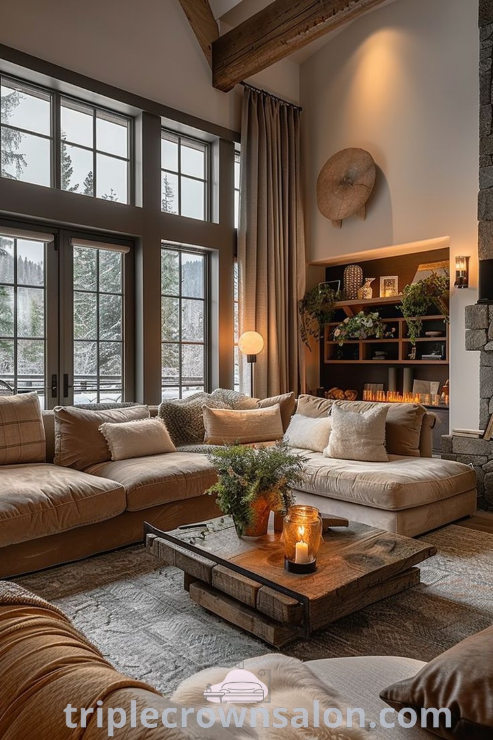 A cozy Italian bungalow living room filled with furniture, featuring a fireplace and large windows, showcasing warm minimalist design and modern organic elements. Discover inspiring decor ideas for your home with a cozy aesthetic at triplecrownsalon.com.