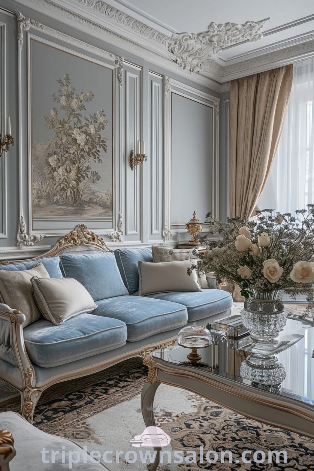 An elegant living room with blue couches and floral arrangements on the coffee table, showcasing Neo Classic decor and stylish design ideas for a cozy home atmosphere. Inspired by classic home decor living room trends, this inviting space offers unique ideas for house or apartment at triplecrownsalon.com.