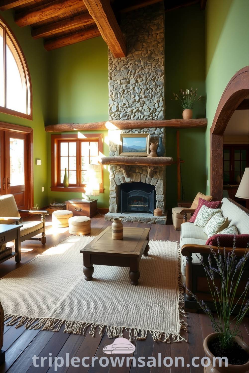 Rustic living room with green walls, wooden beams, a handwoven rug, vintage and handmade furniture, and a cozy stone fireplace, offering inviting decor ideas and inspiring designs for your home. Visit fireplacesandwoodstoves.com for more cozy inspirations.