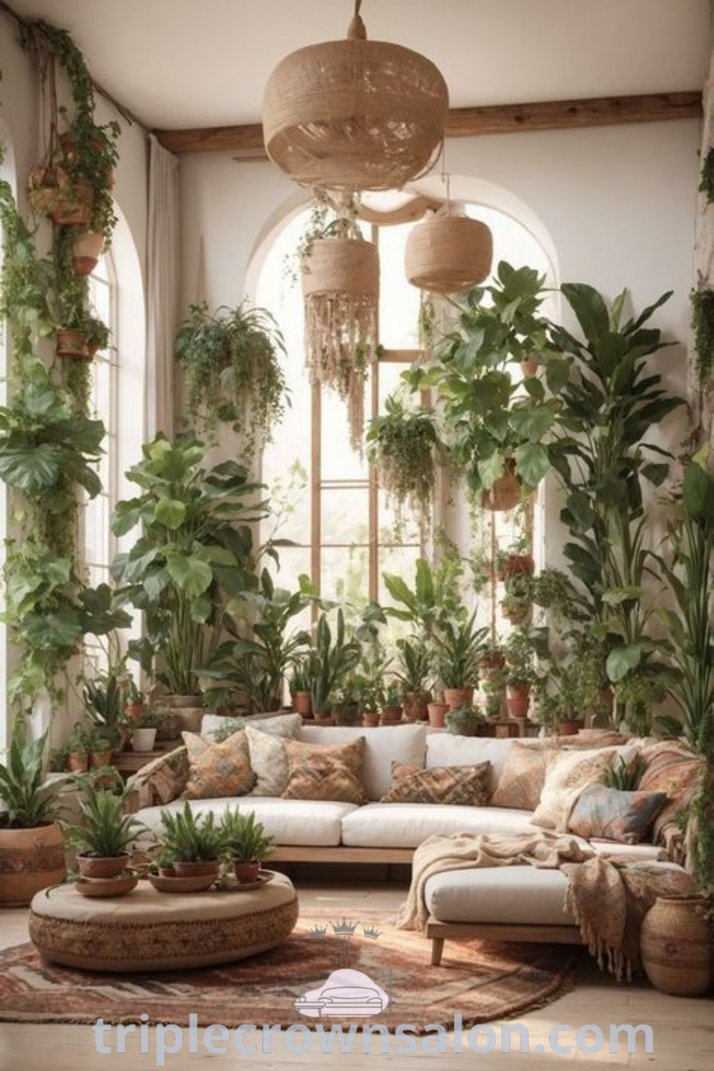 A cozy urban boho living room decorated with lots of plants and potted plants on couches, creating an earthy and inviting atmosphere. Get inspired for your home decor with unique ideas for living room and bedroom designs at triplecrownsalon.com.