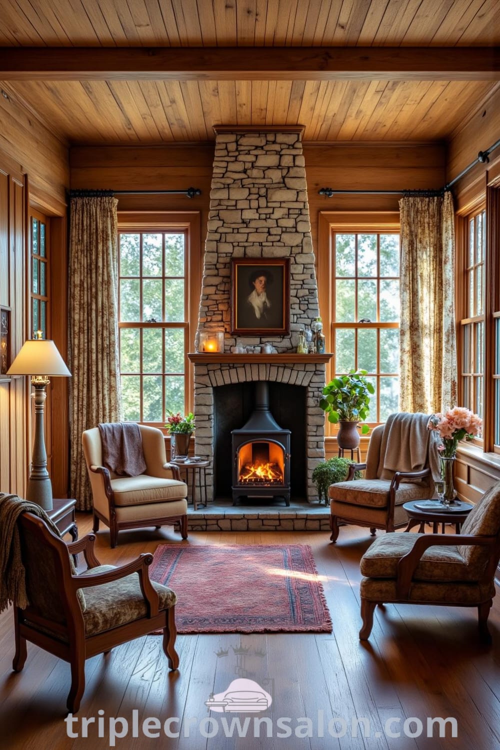 Cozy rustic living room showcasing a large stone fireplace, antique furniture, and warm wooden decor, creating an inviting atmosphere perfect for relaxation and conversation. Explore unique cozy ideas at fireplacesandwoodstoves.com.