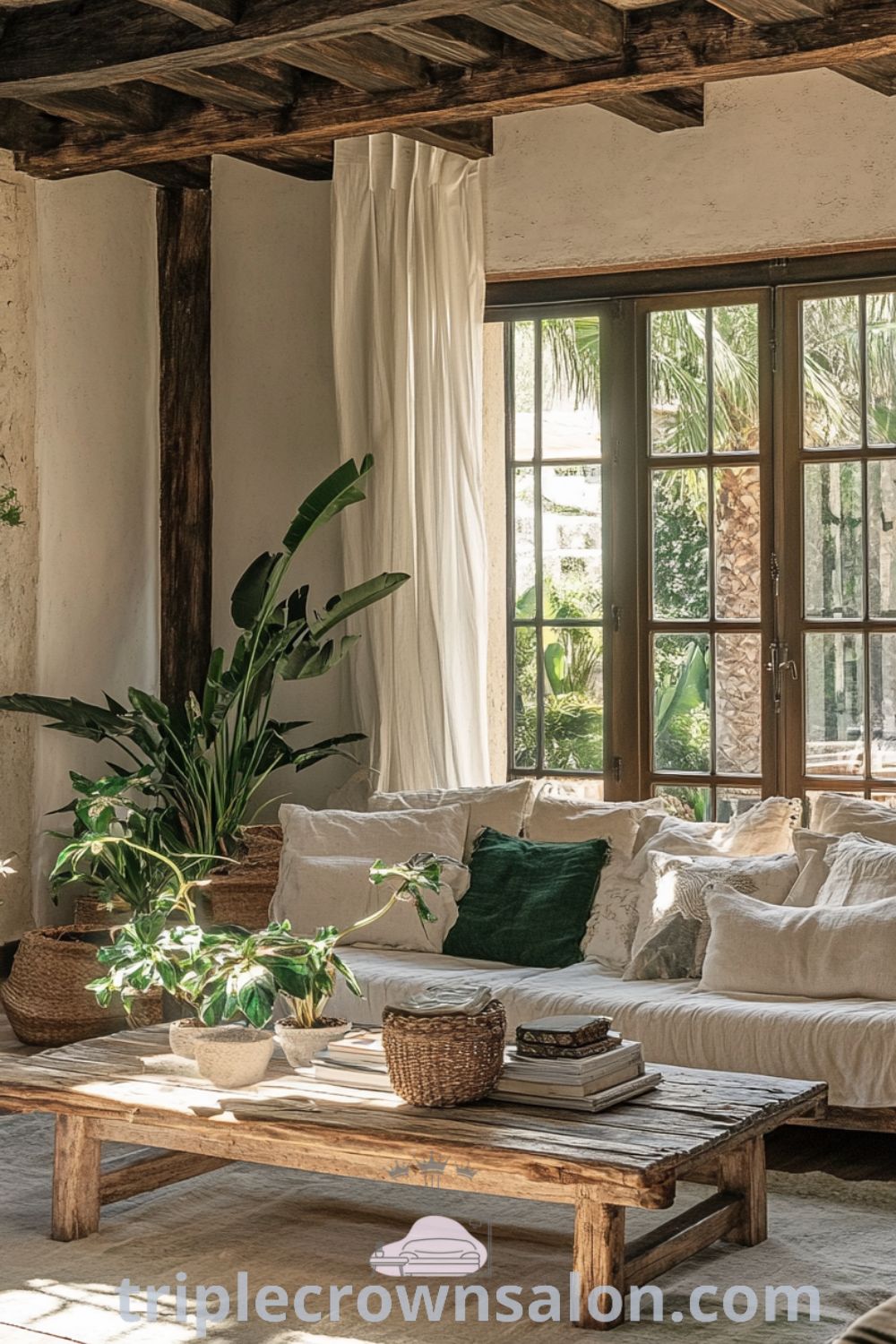 Cozy living room with weathered wooden furniture, soft green accents, natural lighting, stone walls, handmade textiles, and potted plants, offering decor ideas for a cozy home on triplecrownsalon.com.