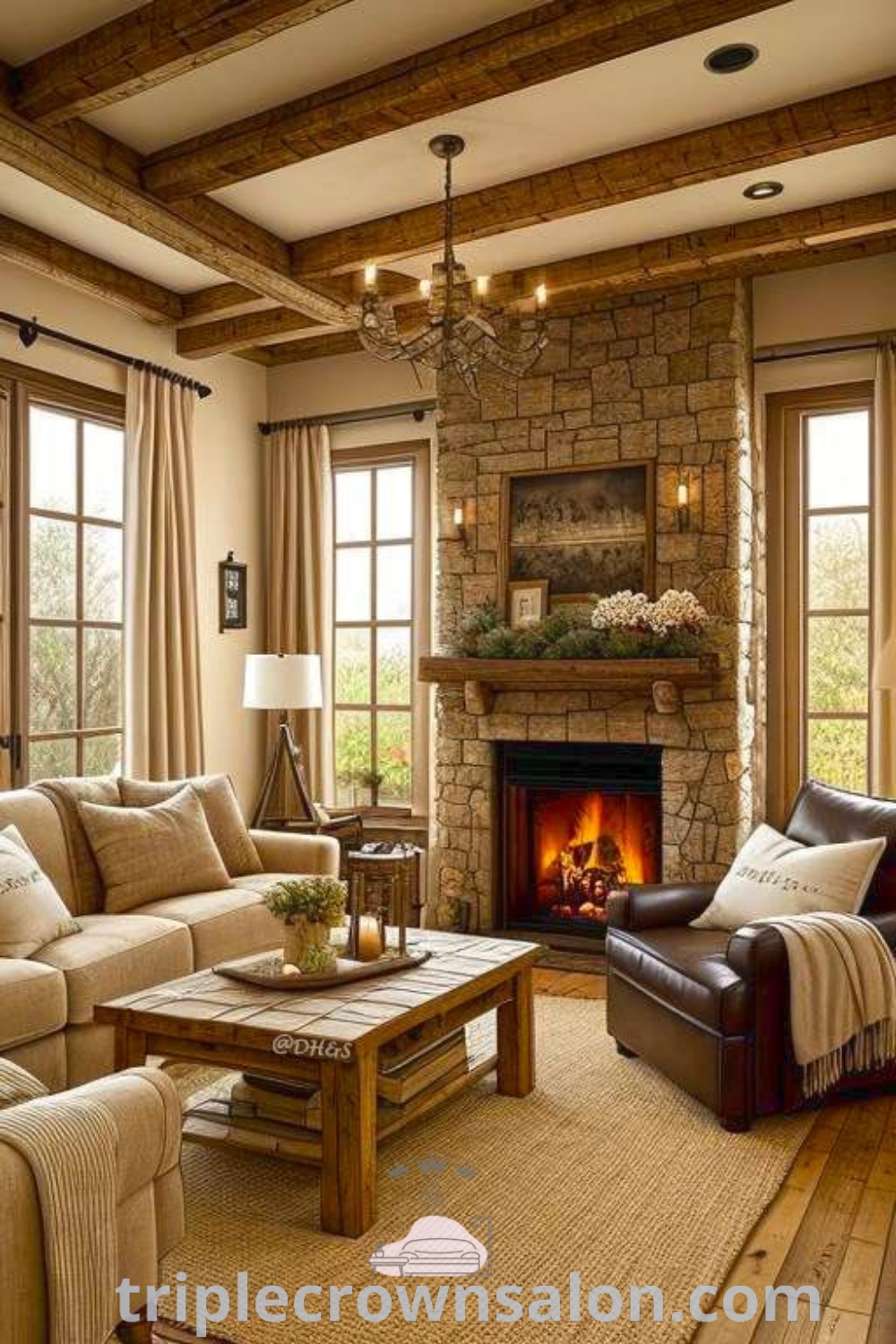 A cozy lake cottage living room showcasing a stone fireplace with a wood mantle, rustic decor, and comfortable seating areas. This inviting space reflects cozy ideas and design tips, perfect for inspiring decor ideas for small spaces. Explore more at triplecrownsalon.com.