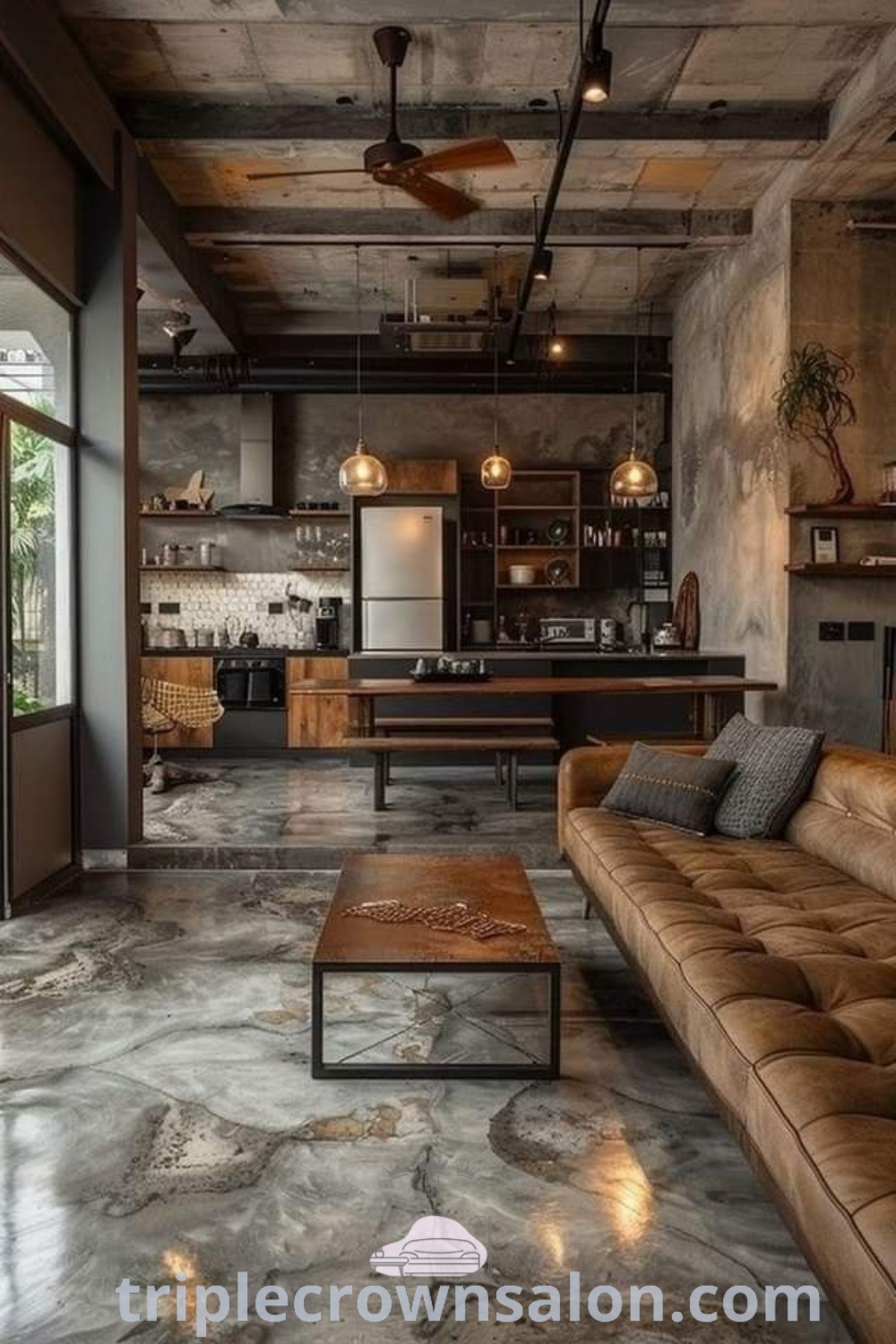 A stylish living room showcasing industrial design with a concrete floor and cozy furniture arrangements, perfect for an inviting atmosphere. Discover inspiring concrete living room ideas and decor inspirations for your home at triplecrownsalon.com.