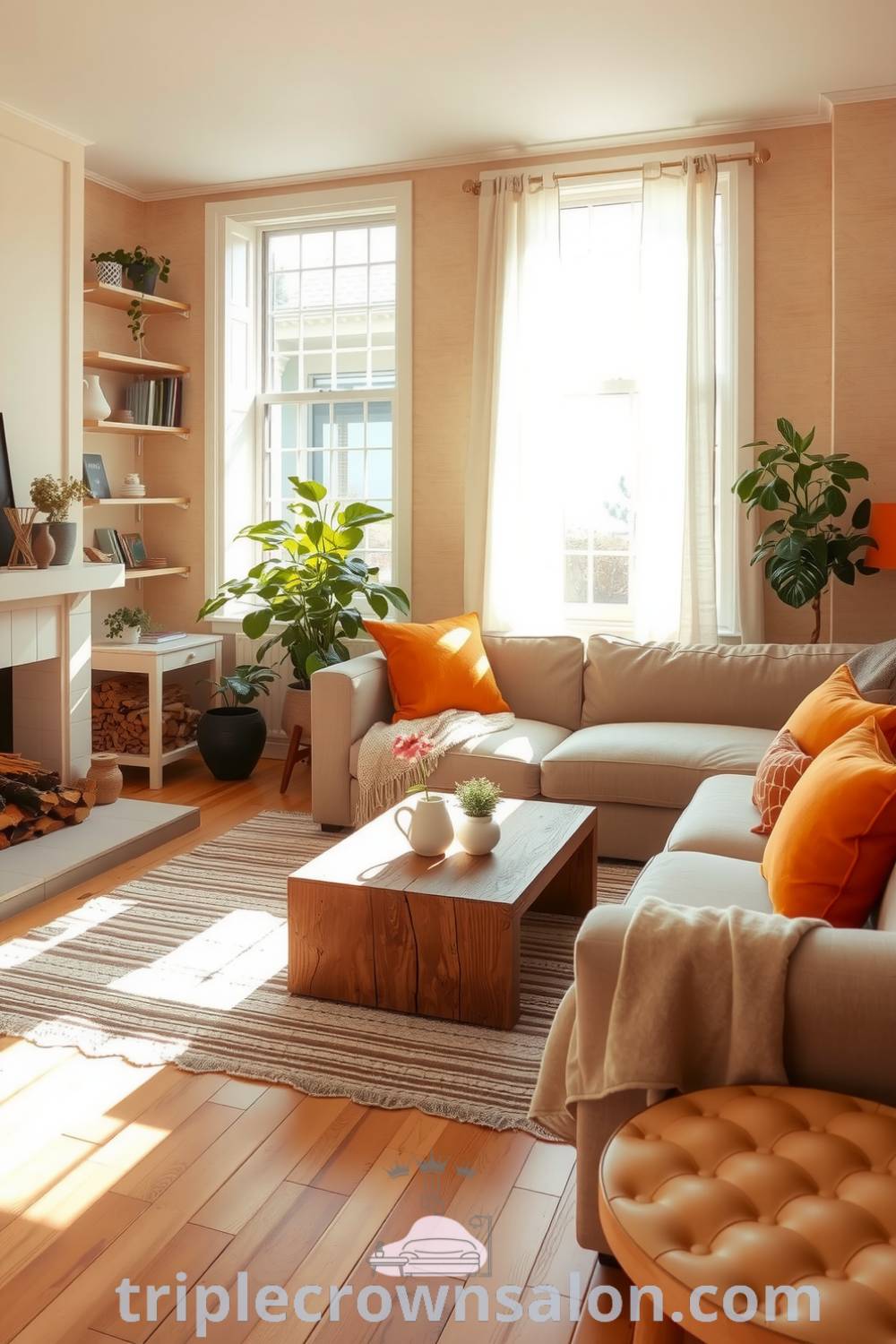 Scandinavian living room with soft orange accents, natural wood tones, a large plush sofa with a knitted throw, a reclaimed wood coffee table, and potted plants, creating a cozy and inviting atmosphere. Visit triplecrownsalon.com for cozy home design ideas and decor inspirations.