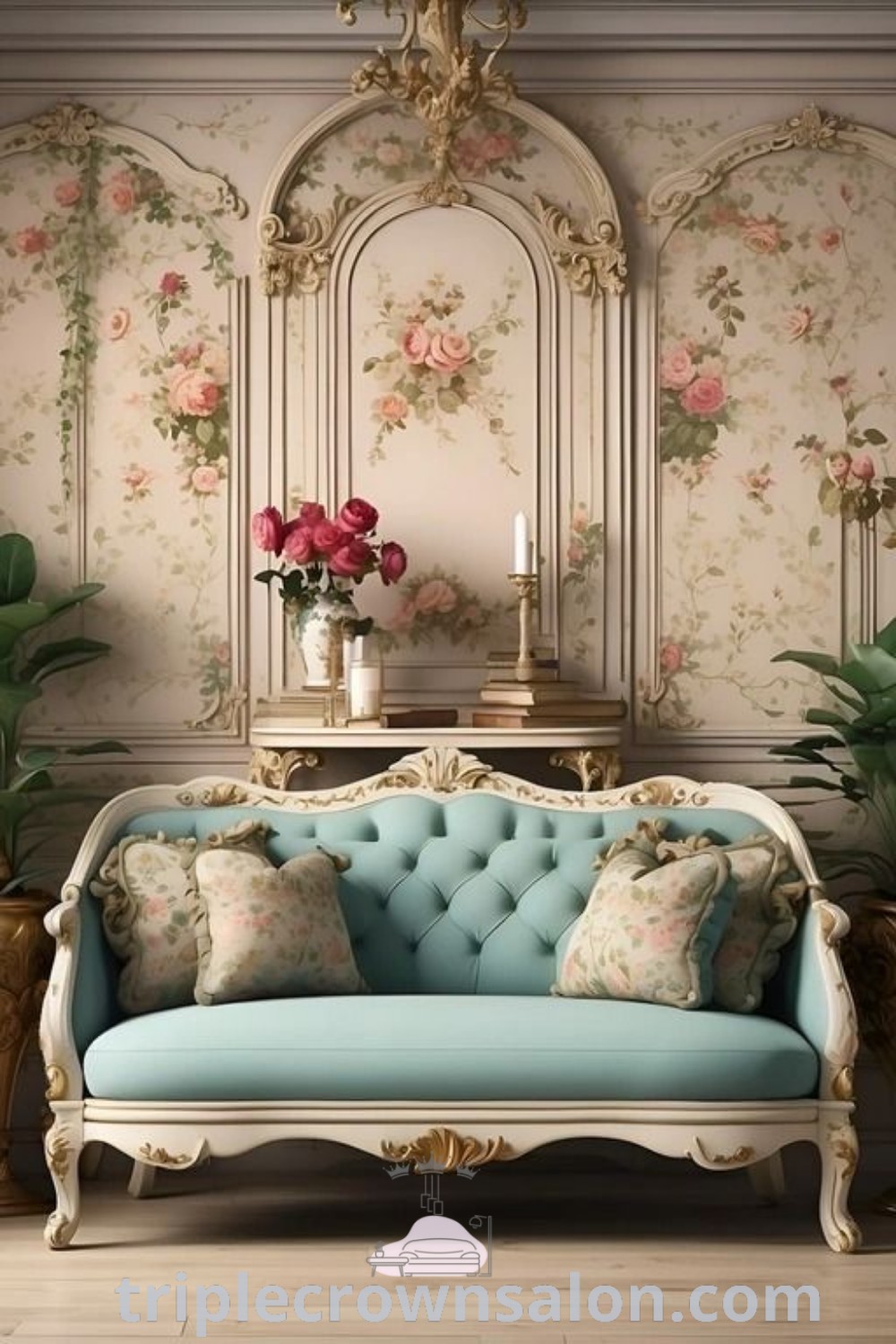 A cozy mint green room featuring a blue couch, floral wall art, and an elegant mirror that reflects classic furniture designs. This decor offers unique ideas for your home, inspired by Bridgerton style and Rococo aesthetics. Explore more decor ideas at triplecrownsalon.com.