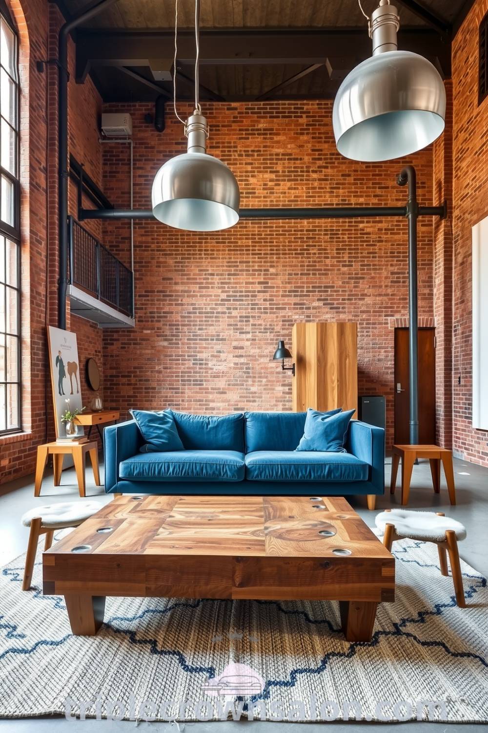 Spacious industrial living room with exposed brick walls, a blue velvet sofa, reclaimed wood coffee table, large metal light fixtures, and natural light from tall windows, showcasing cozy ideas for modern home decor at triplecrownsalon.com.