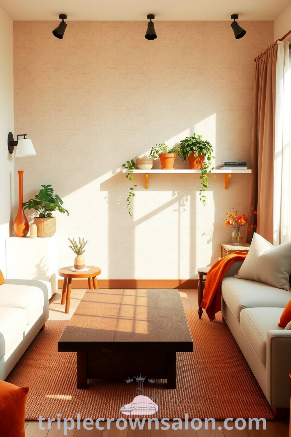 Japandi living room featuring warm orange accents, soft neutral tones, natural light filtering through sheer curtains, hand-carved wooden shelves with greenery, a minimalist oak coffee table, and plush seating, showcasing cozy ideas and decor inspirations for homes at triplecrownsalon.com.