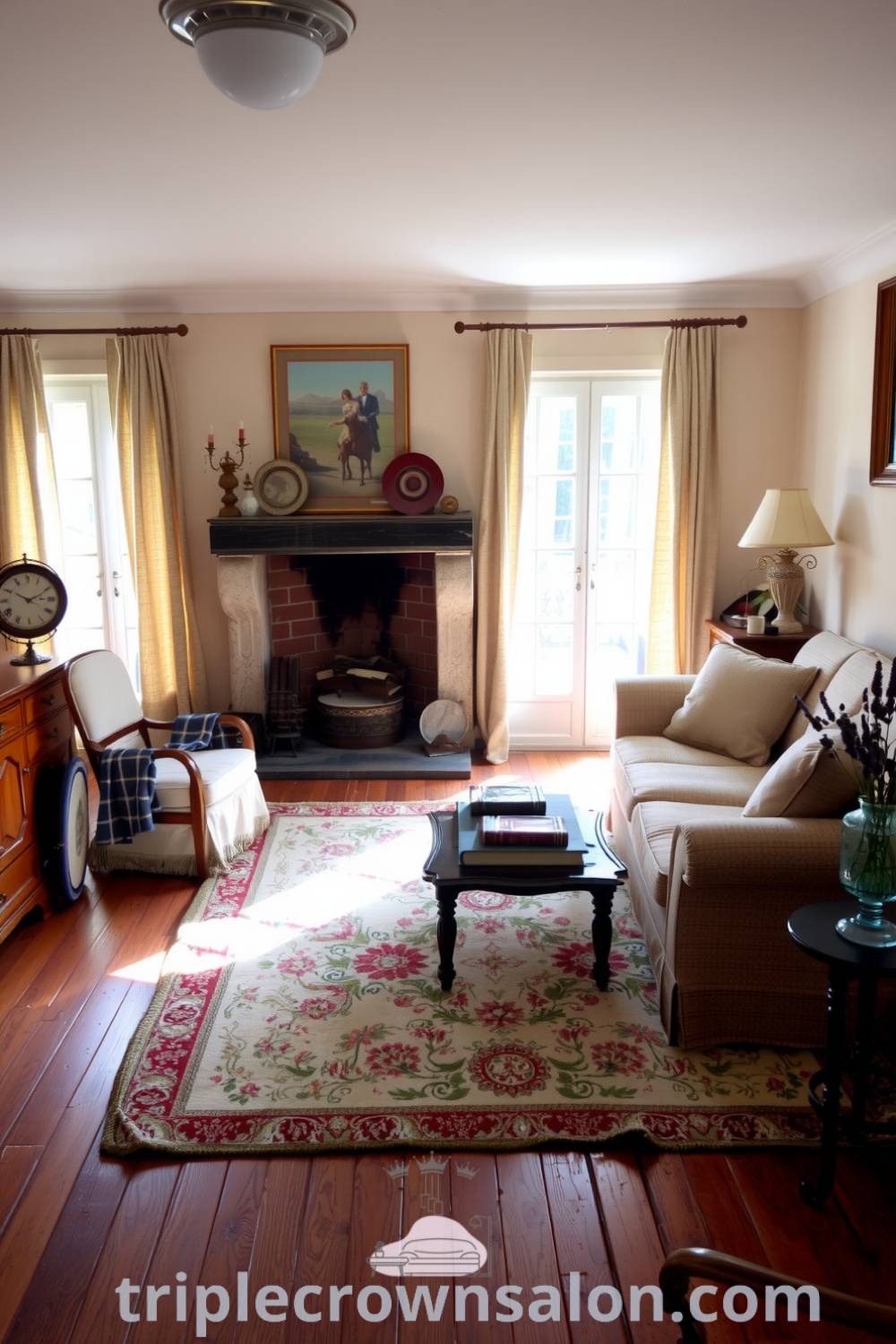Cozy French living room featuring a plush floral sofa, rustic stone fireplace, aged hardwood floor, and vintage books on a coffee table, creating inviting decor ideas and inspirations for a cozy home atmosphere. Visit triplecrownsalon.com for more unique ideas.