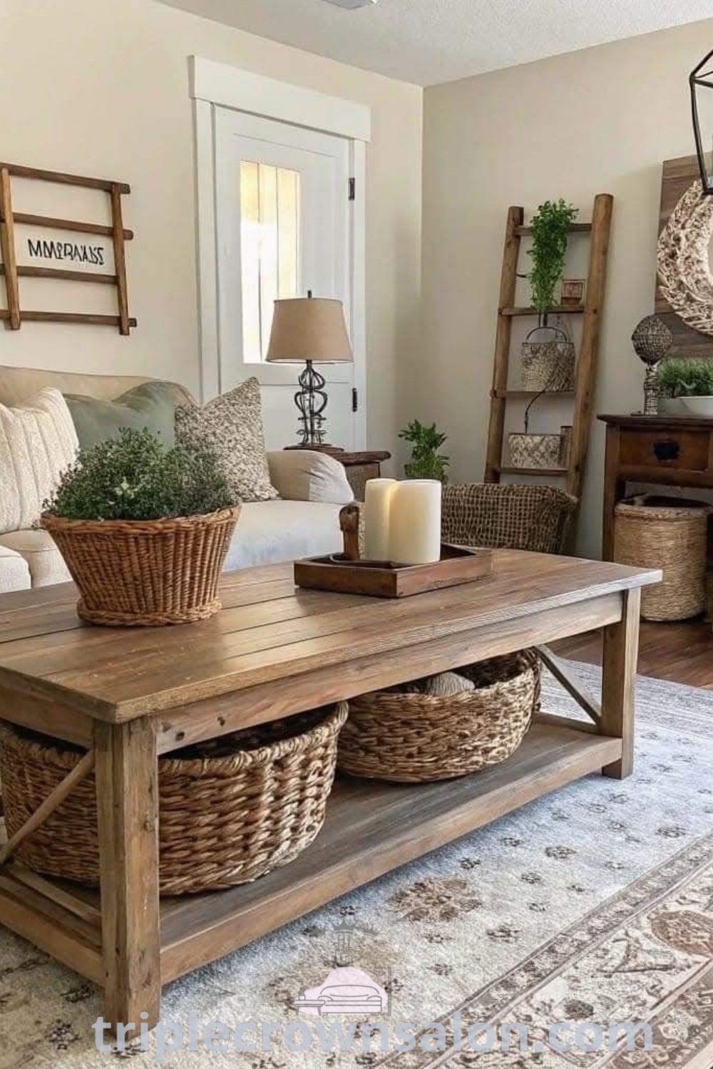 A cozy living room filled with farmhouse decor, featuring a couch, coffee table with baskets, and elements of bohemian style. This inviting space showcases unique ideas for a comfortable home, blending rustic and modern themes. Discover more inspiring decor ideas at triplecrownsalon.com.