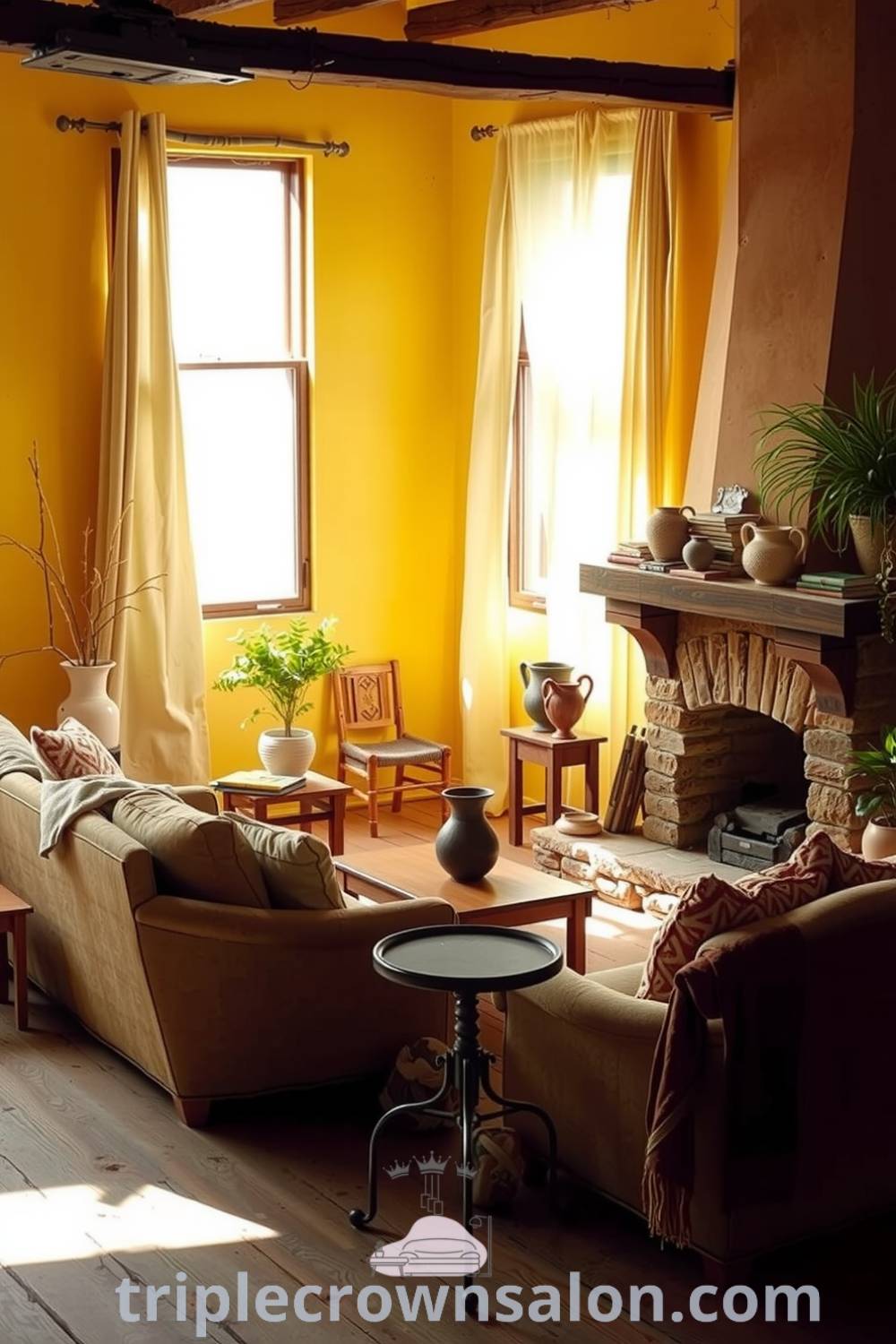 Cozy rustic living room with warm sunlight, stone fireplace, handmade pottery, weathered books, mismatched earthy furniture, potted plants, and woven textiles, creating a serene atmosphere. Visit triplecrownsalon.com for inspiring decor ideas for your home.