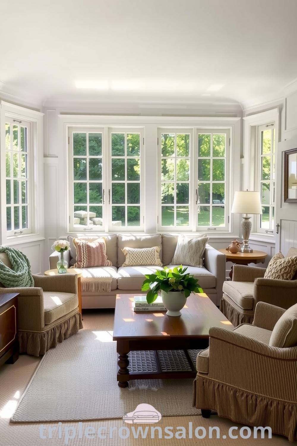 Serene living room with soft white walls, a plush weathered sofa with knitted throws, a polished wooden coffee table, and well-loved armchairs, complemented by large windows allowing natural light and a verdant view, showcasing cozy ideas from fireplacesandwoodstoves.com.