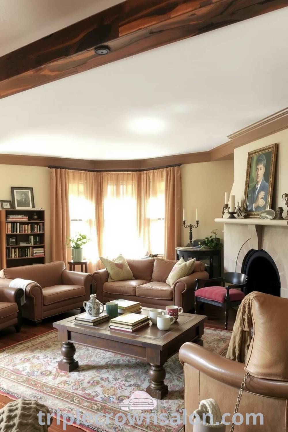 Rustic living room with warm earthy tones, reclaimed wood beam, plush sofa, and mismatched ceramic mugs, creating a cozy aesthetic that inspires relaxation and comfort, perfect for house or apartment decor ideas at triplecrownsalon.com.