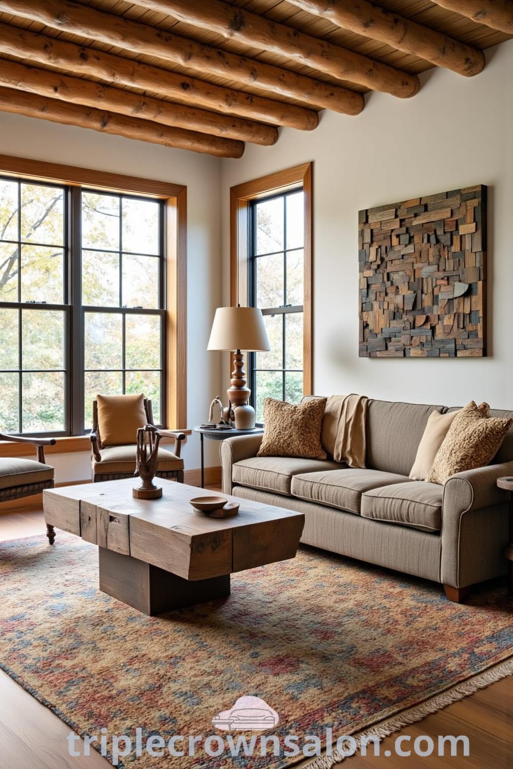 Rustic living room with a weathered oak floor, handmade coffee table, comfortable earthy-toned armchairs, and large windows enhancing the bright ambiance, showcasing unique art made from reclaimed materials, perfect for cozy home design ideas and decor inspirations at fireplacesandwoodstoves.com.