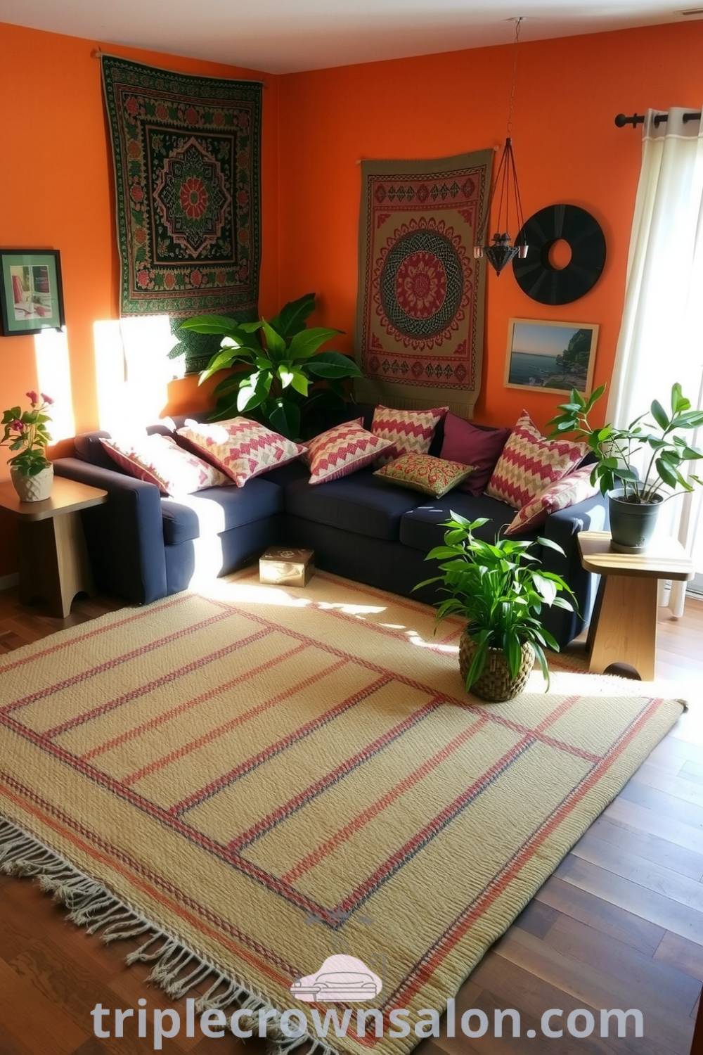 Cozy boho living room with earthy orange tones, textured fabrics, a large woven rug, mismatched pillows on a well-loved sofa, colorful tapestries, and plants on handmade side tables, providing inspiration for a warm and inviting decor idea. Visit fireplacesandwoodstoves.com for more unique ideas.