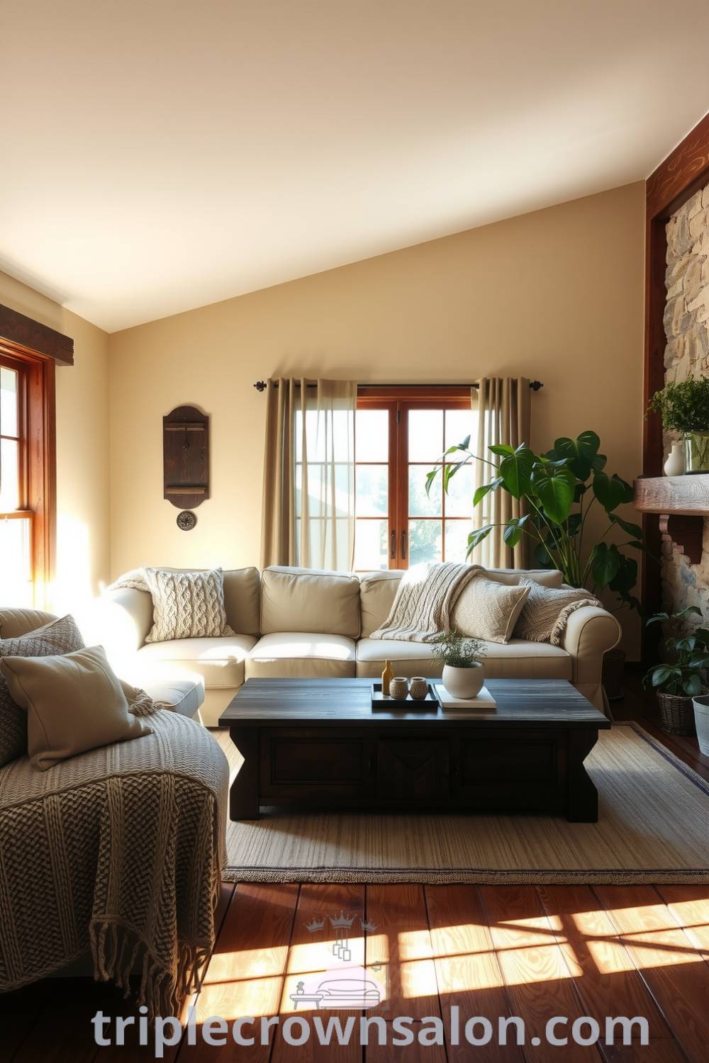 Cozy farmhouse living room featuring beige walls, reclaimed wood, exposed stone accents, a large comfortable sofa with knitted throws, a rustic coffee table, and potted plants, showcasing inspiring decor ideas for a cozy home at triplecrownsalon.com.