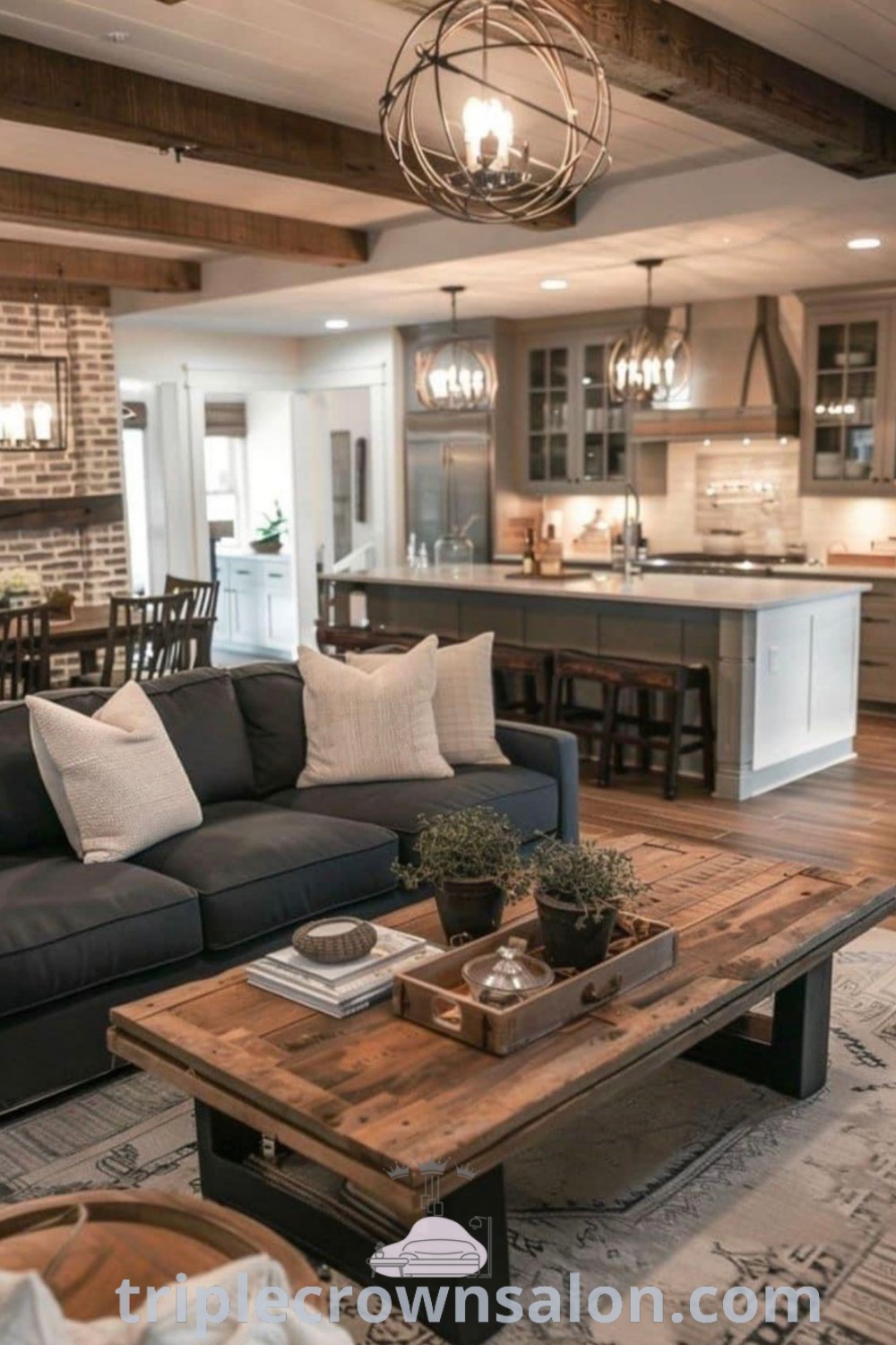 A cozy vintage apartment living room filled with rustic farmhouse furniture next to a modern kitchen and dining room, showcasing unique decor ideas and inspirations for creating a warm, inviting atmosphere in your home. Discover more design trends at triplecrownsalon.com.