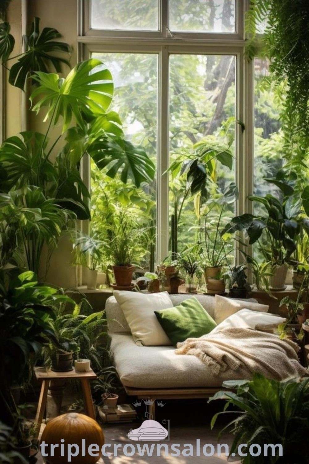 A vibrant living room filled with a variety of green plants and potted plants on the windowsill, showcasing a modern plant home aesthetic that invites nature indoors. This cozy design inspires with unique ideas for your home, perfect for creating a plant-filled room. Explore more decor inspirations at triplecrownsalon.com.