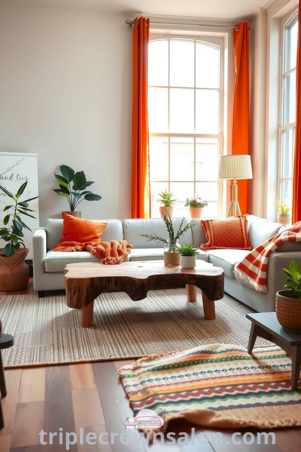 Scandinavian living room featuring soft orange accents, natural wood floors, an oversized sofa with cozy knit pillows, a handmade coffee table, and potted plants, showcasing inspiring decor ideas for a cozy home on triplecrownsalon.com.