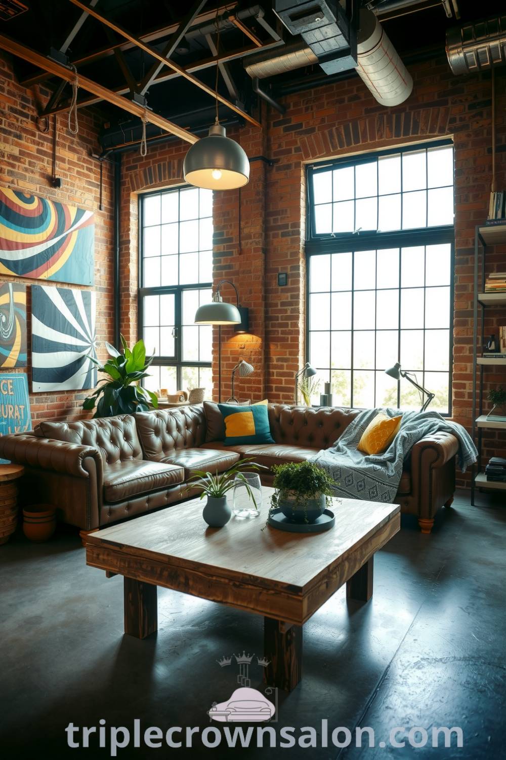 Industrial living room featuring exposed brick walls, polished concrete floors, reclaimed wood coffee table with plants, leather sofa with a quilt, and large windows allowing natural light, providing cozy home design ideas and inspirations for small spaces. Visit triplecrownsalon.com for more design tips.