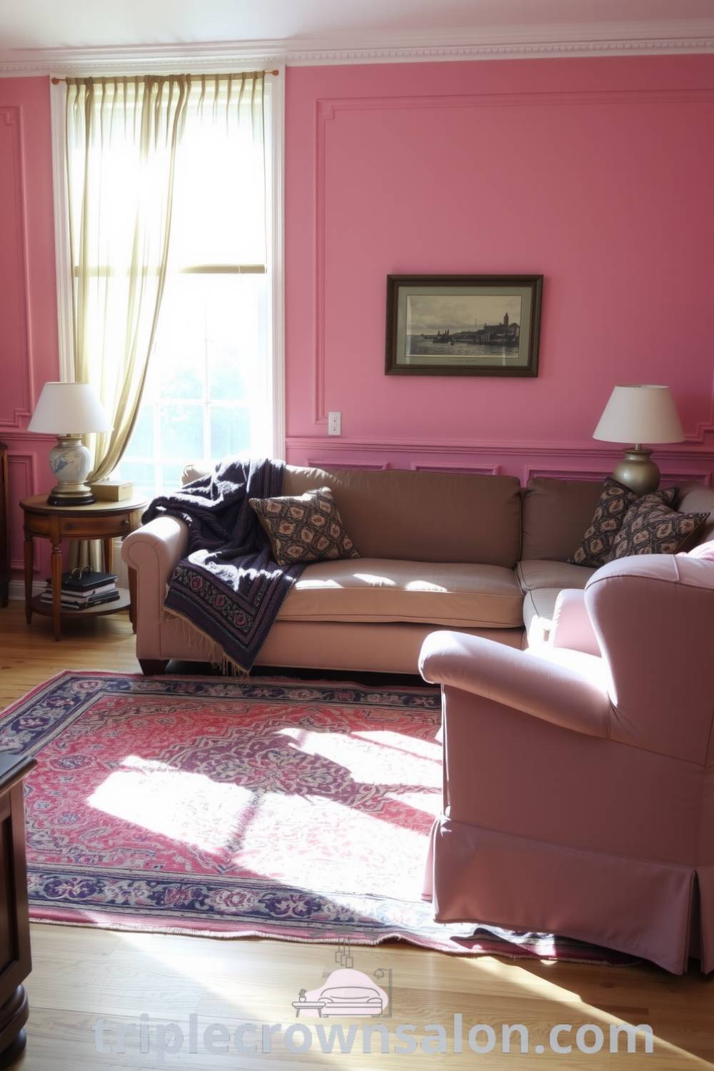 Cozy living room design featuring soft pink tones, a plush sofa with a patterned throw, vintage rug, and weathered side tables, creating an inviting and relaxing space - ideas for your home, inspired by fireplacesandwoodstoves.com.
