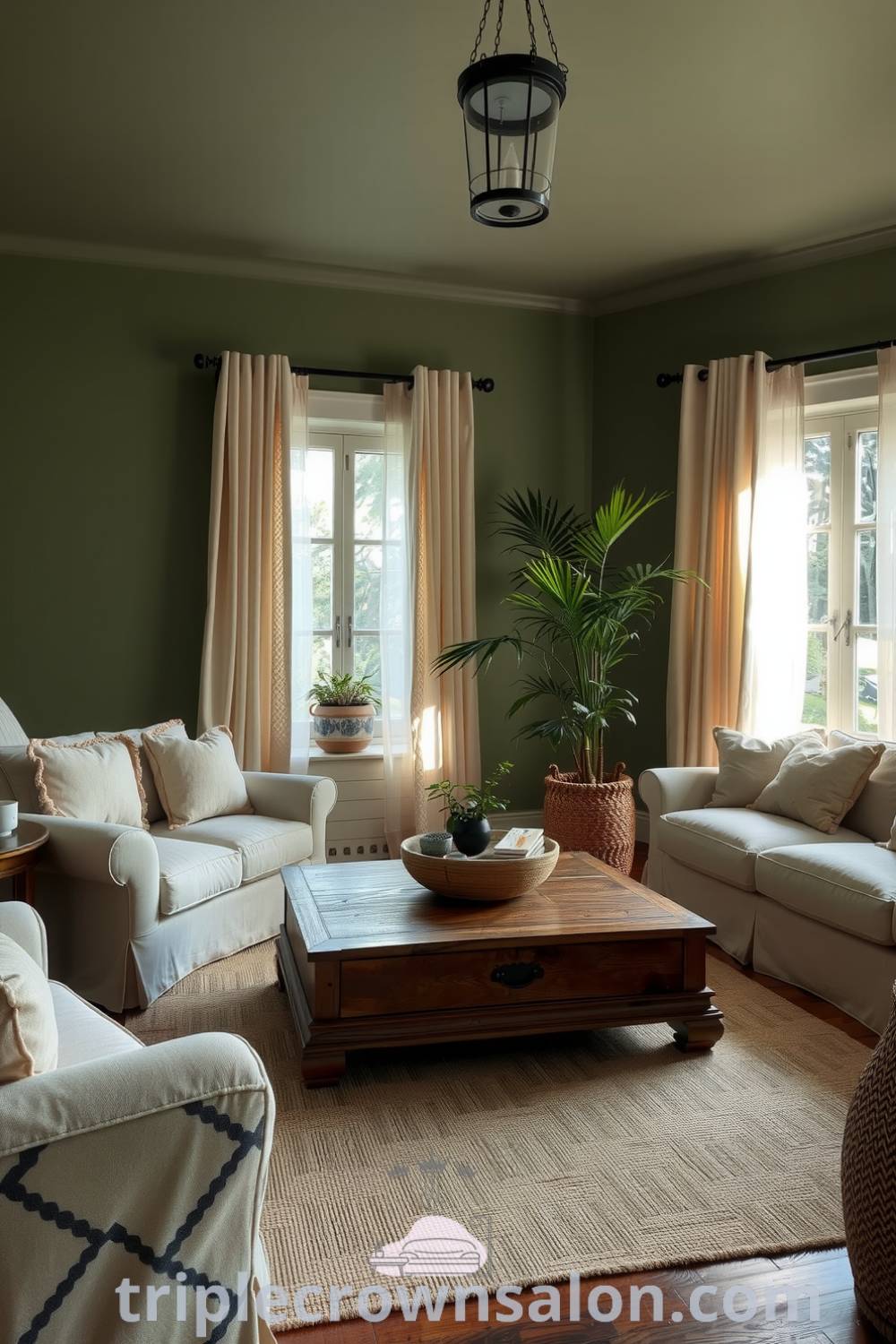 Cozy nature-inspired living room featuring earthy green walls, a wooden coffee table, plush cream sofas, and tall potted plants, creating a warm and inviting atmosphere perfect for relaxation. Visit triplecrownsalon.com for inspiring decor ideas for your home.